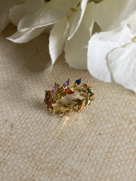 Adjustable Gold Plated Multicoloured Vine Leaf Ring (ST988)