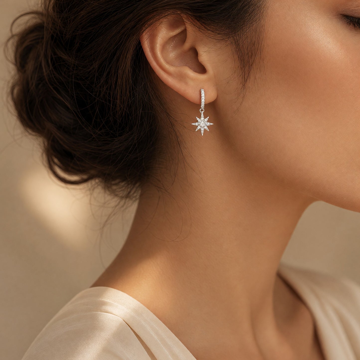 Silver Dangle Star Hoop Earrings (ST1255)