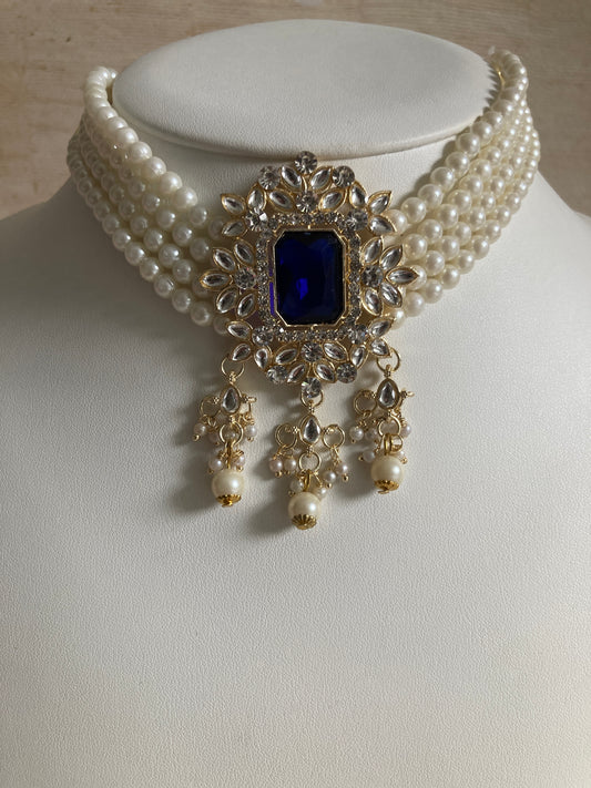 Anvi Gold Plated Kundan And Pearl Set (ST1013) (Blue)
