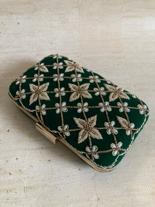 Reina Rectangular Velvet Clutch (Emerald Green) (ST135)