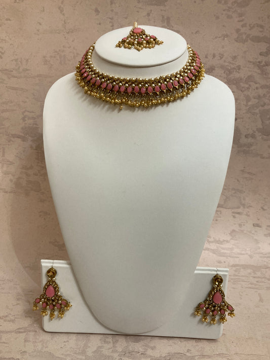 Manika Kundan And Pearl Choker Set (ST185) (Pink)