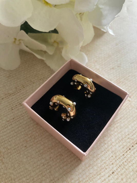 18K Gold Plated Pearl Chunky Hoop Earrings (ST1027)