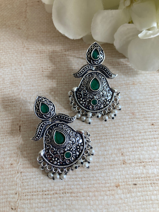 Emerald Green Stone Oxidised Indian Earrings (ST1031)