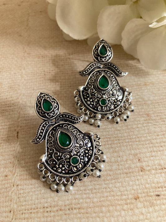 Emerald Green Stone Oxidised Indian Earrings (ST1031)