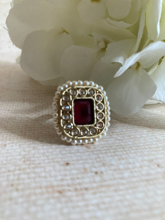 Gold Maroon Kundan Adjustable Ring (ST1036)