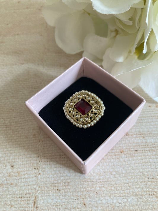 Gold Maroon Kundan Adjustable Ring (ST1036)