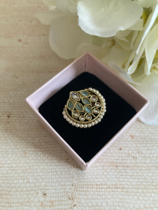 Mint Green Gold Kundan Adjustable Ring (ST1037)