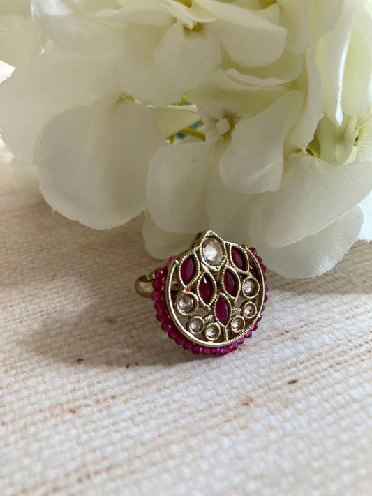 Hot Pink Gold Kundan Adjustable Ring (ST1037)