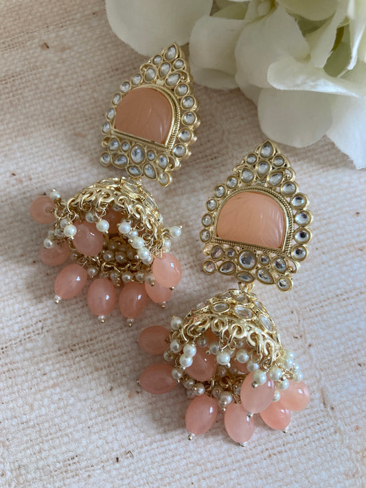 Peach Gold Kundan Jhumki Indian Earrings (ST1034)