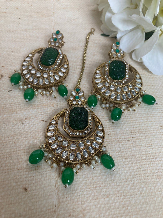 Nazma Gold Plated Kundan Chandbali Earrings And Tikka Set (ST1050) (Emerald Green)