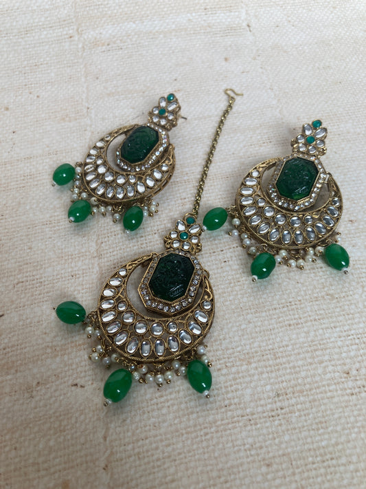 Nazma Gold Plated Kundan Chandbali Earrings And Tikka Set (ST1050) (Emerald Green)
