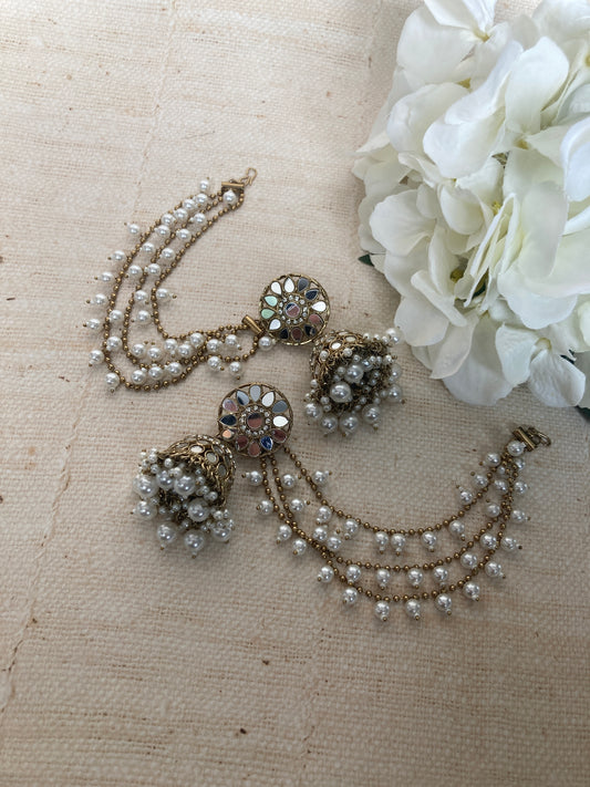 Gold Plated Mirror Jhumki Earrings With Detachable Kaanchain (ST1051)