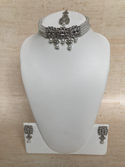 Vaani Gold Plated Kundan And Pearl Choker Set (ST1061) (Silver)