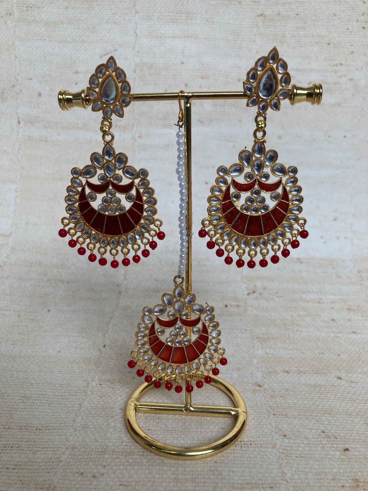 Red Kundan Pearl Earrings Tikka Set (ST1157) (Silver)