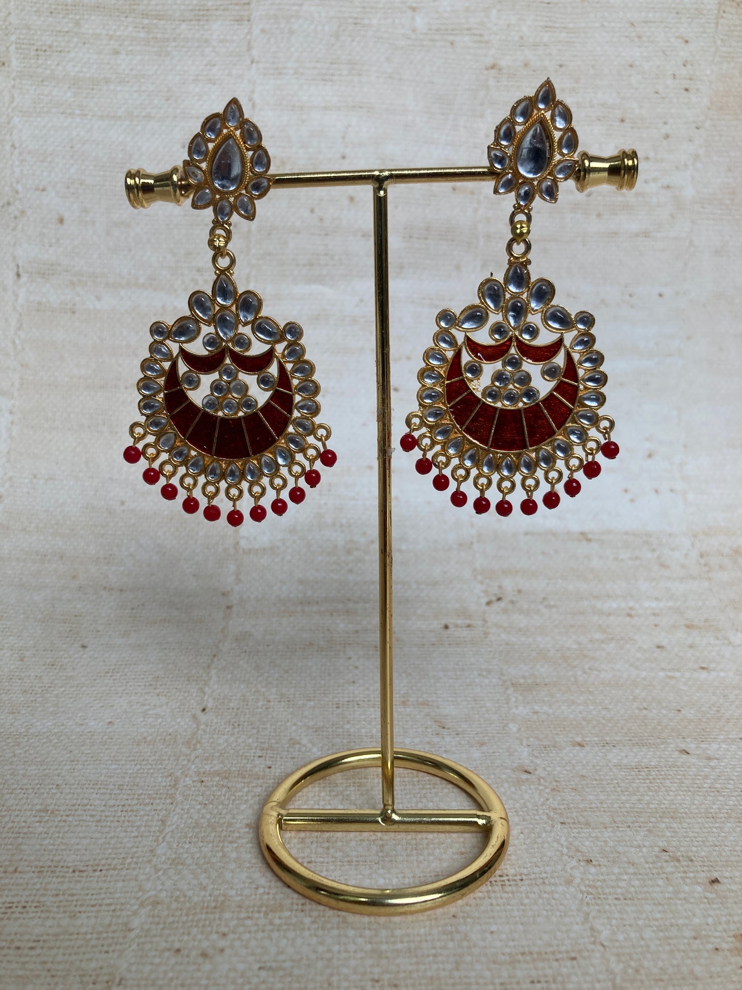 Red Kundan Pearl Earrings Tikka Set (ST1157) (Silver)
