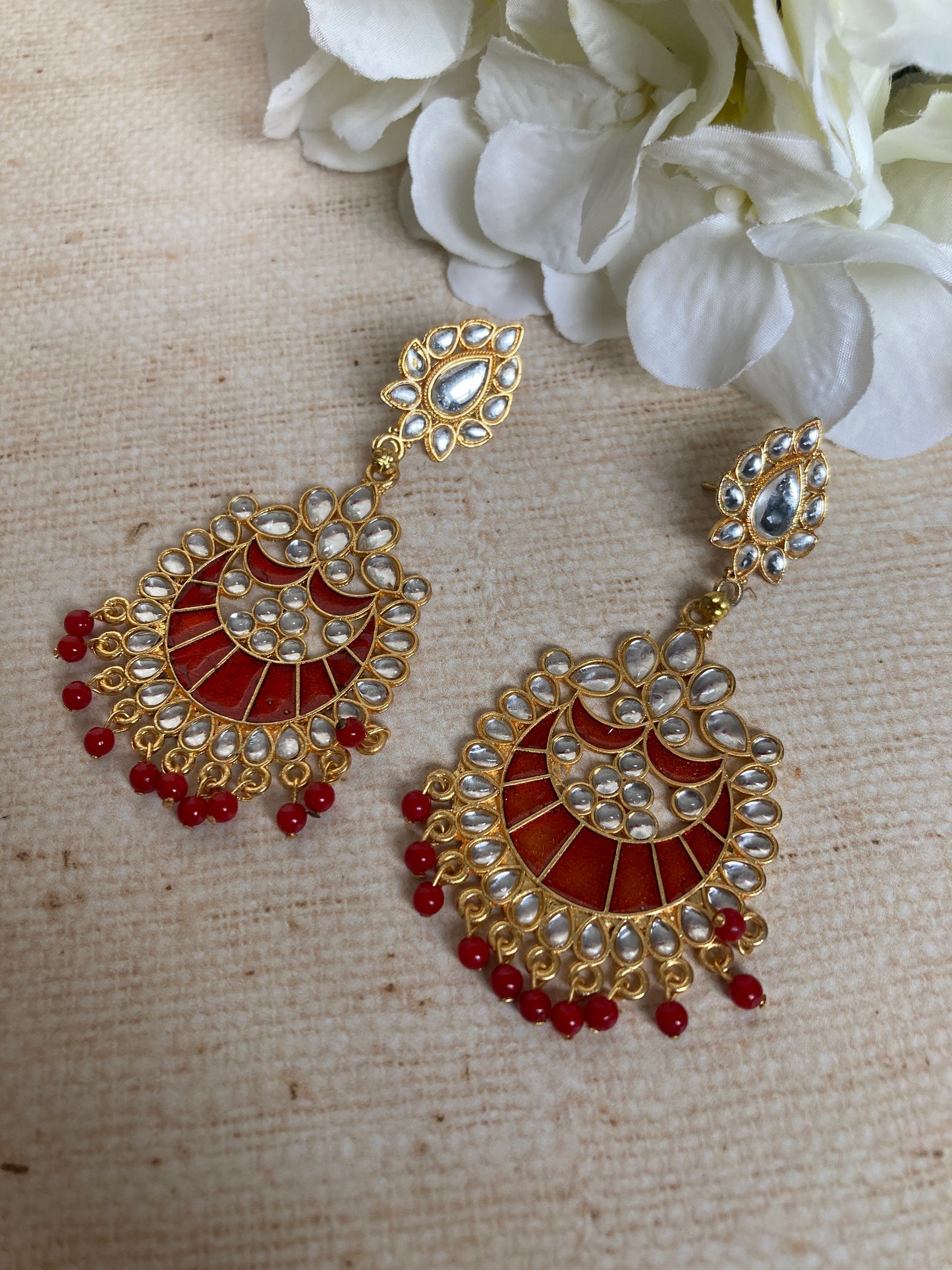 Red Kundan Pearl Earrings Tikka Set (ST1157) (Silver)