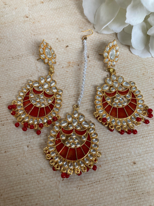 Red Kundan Pearl Earrings Tikka Set (ST1157) (Silver)