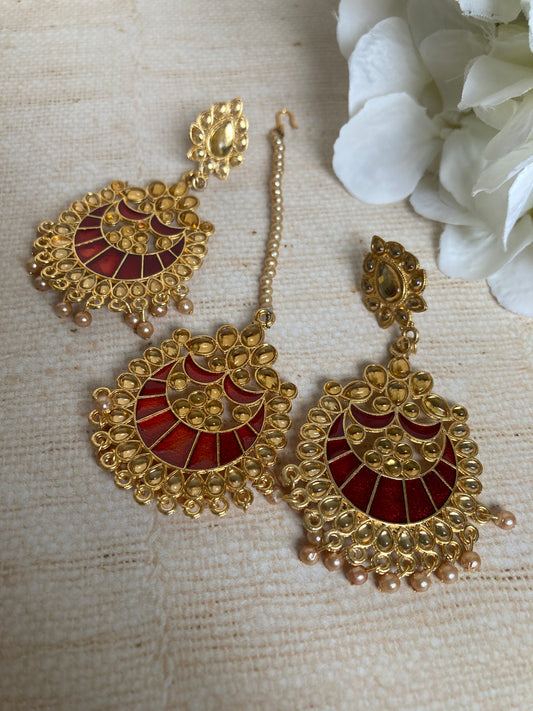 Red Kundan Pearl Earrings Tikka Set (ST1157) (Gold)