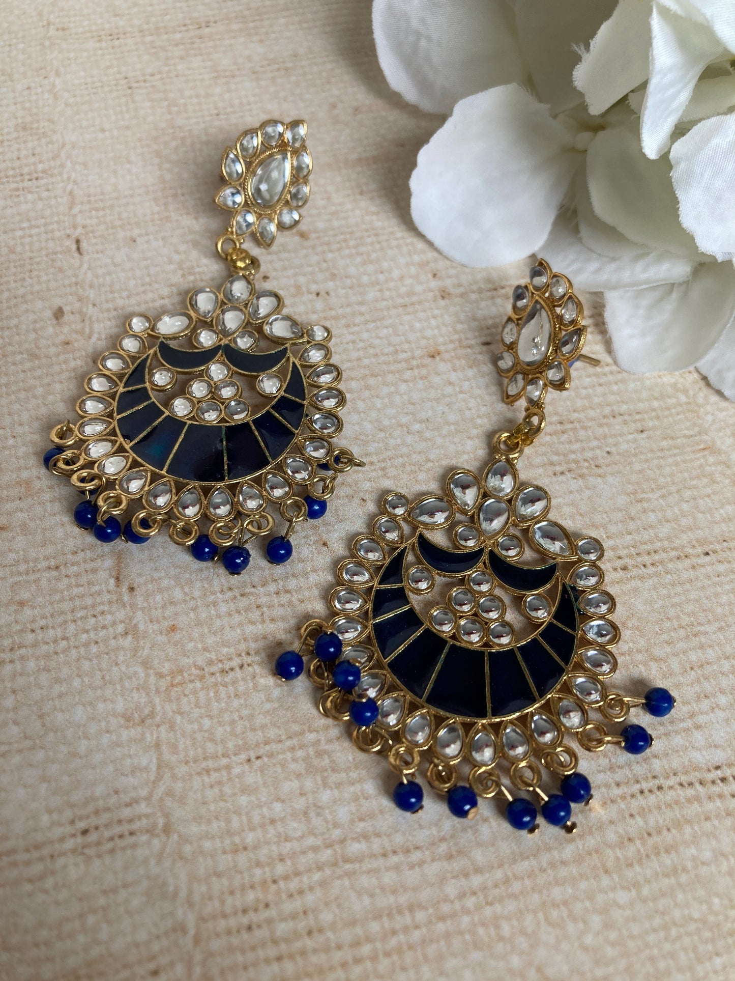 Blue Kundan Pearl Earrings Tikka Set (ST1157) (Silver)