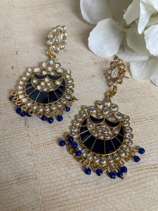 Blue Kundan Pearl Earrings Tikka Set (ST1157) (Silver)