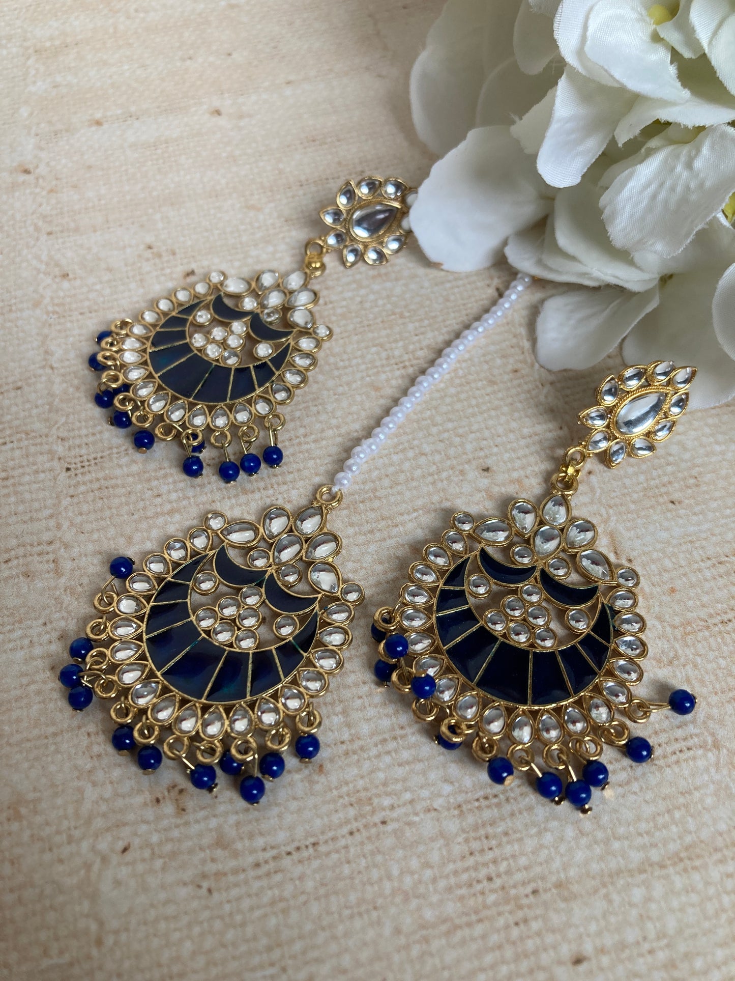 Blue Kundan Pearl Earrings Tikka Set (ST1157) (Silver)