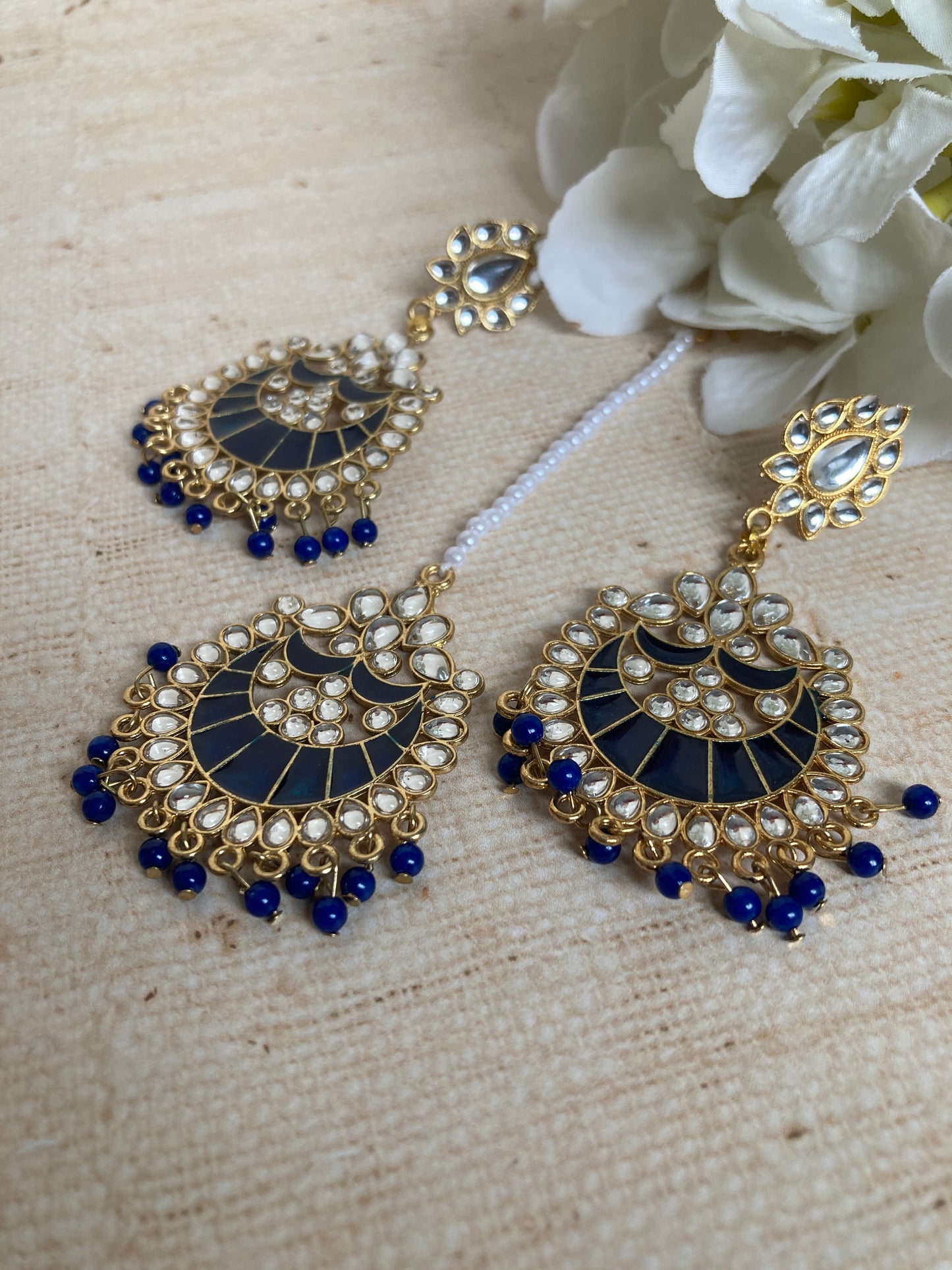 Blue Kundan Pearl Earrings Tikka Set (ST1157) (Silver)