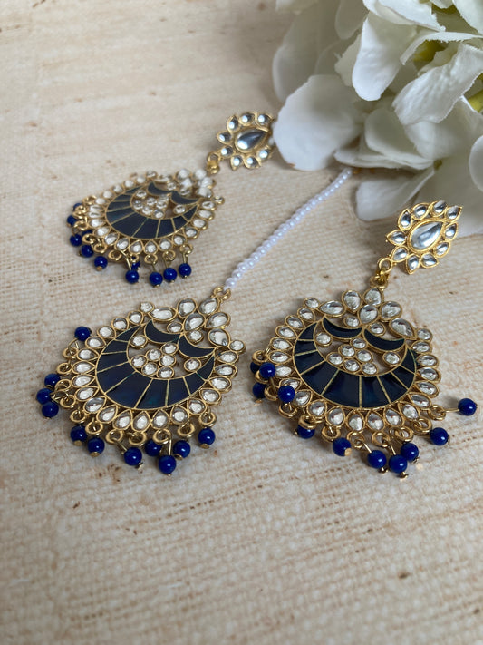 Blue Kundan Pearl Earrings Tikka Set (ST1157) (Silver)