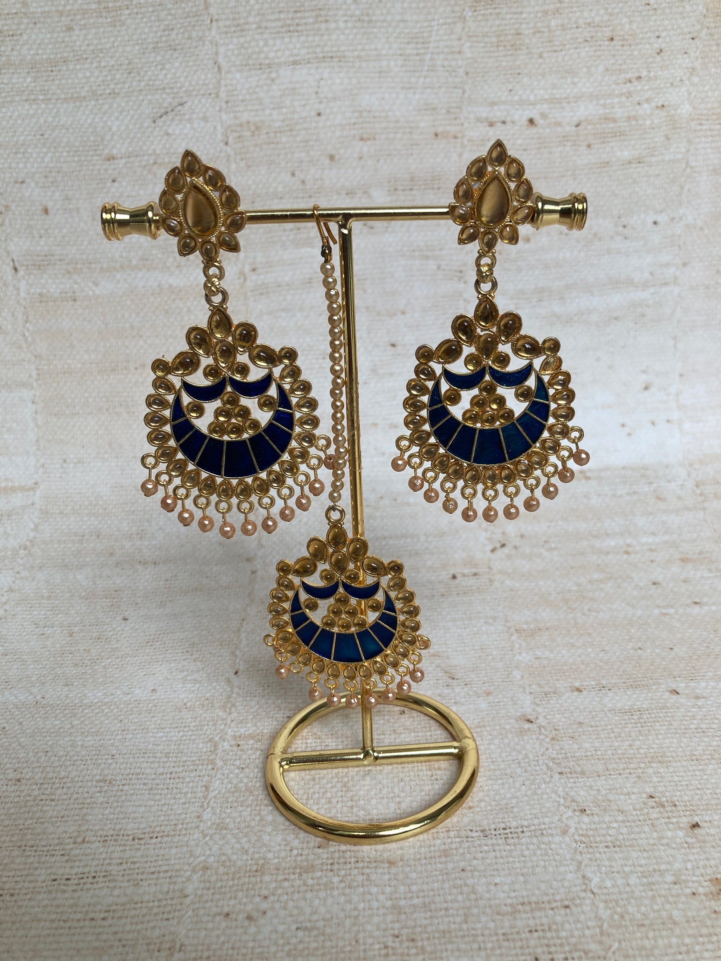 Blue Kundan Pearl Earrings Tikka Set (ST1157) (Gold)
