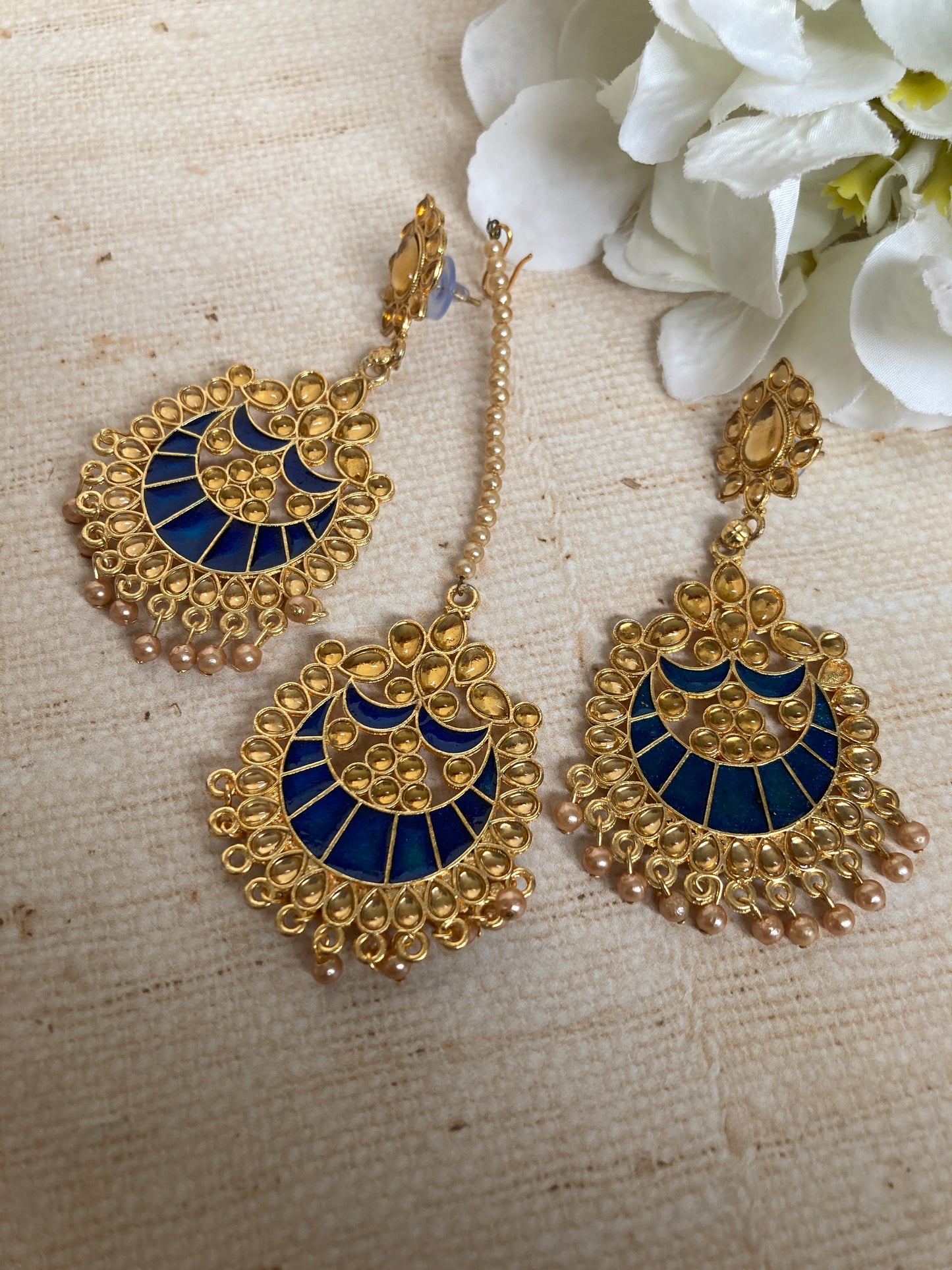 Blue Kundan Pearl Earrings Tikka Set (ST1157) (Gold)