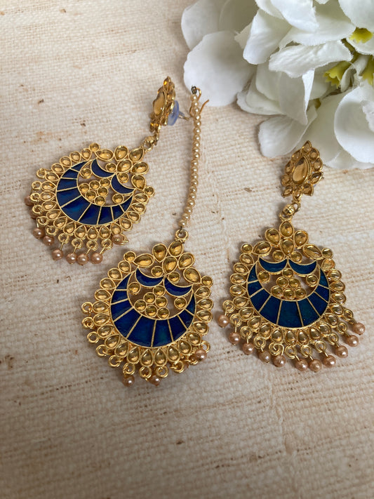 Blue Kundan Pearl Earrings Tikka Set (ST1157) (Gold)