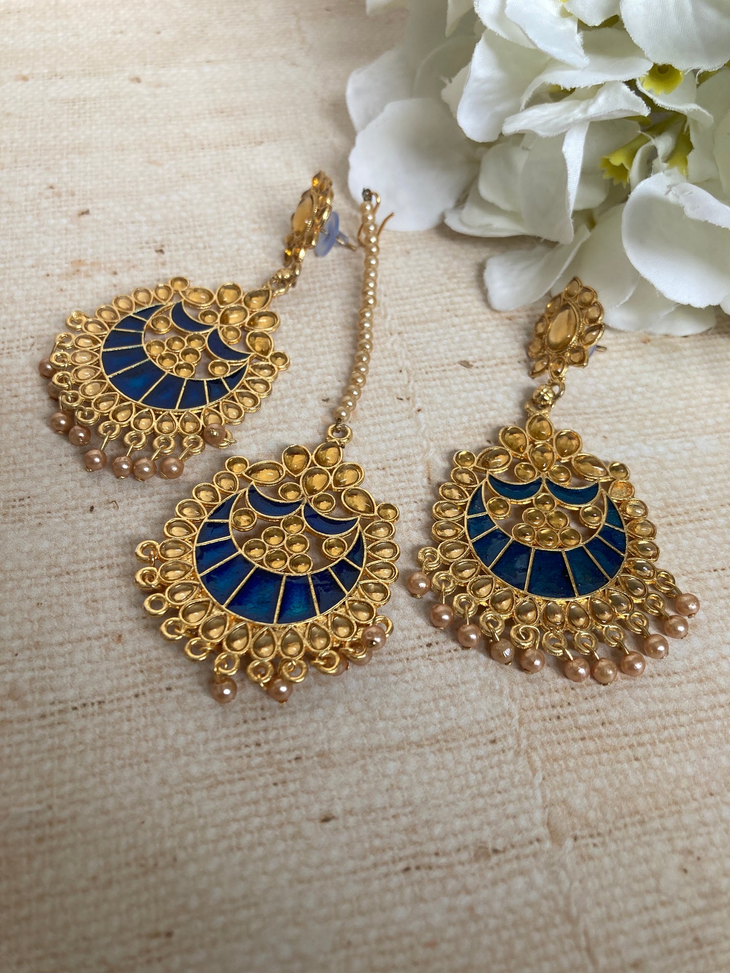 Blue Kundan Pearl Earrings Tikka Set (ST1157) (Gold)