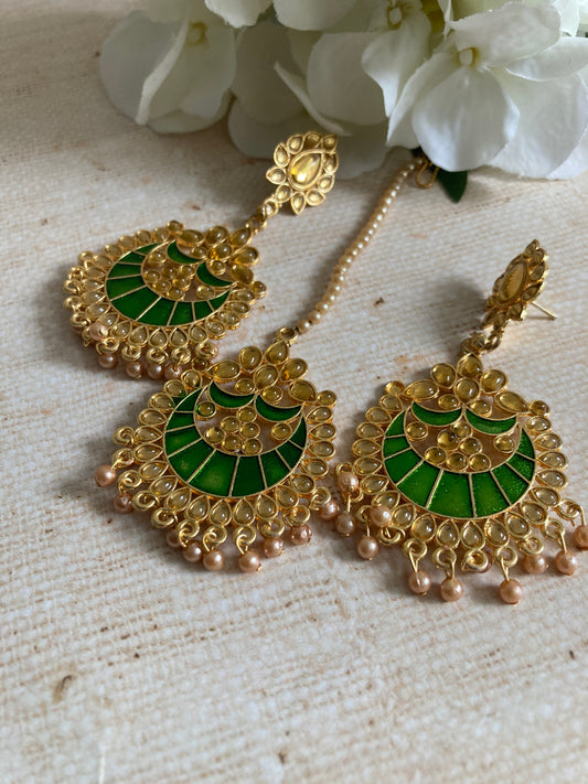 Green Kundan Pearl Earrings Tikka Set (ST1157) (Gold)