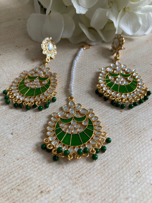 Green Kundan Pearl Earrings Tikka Set (ST1157) (Silver)