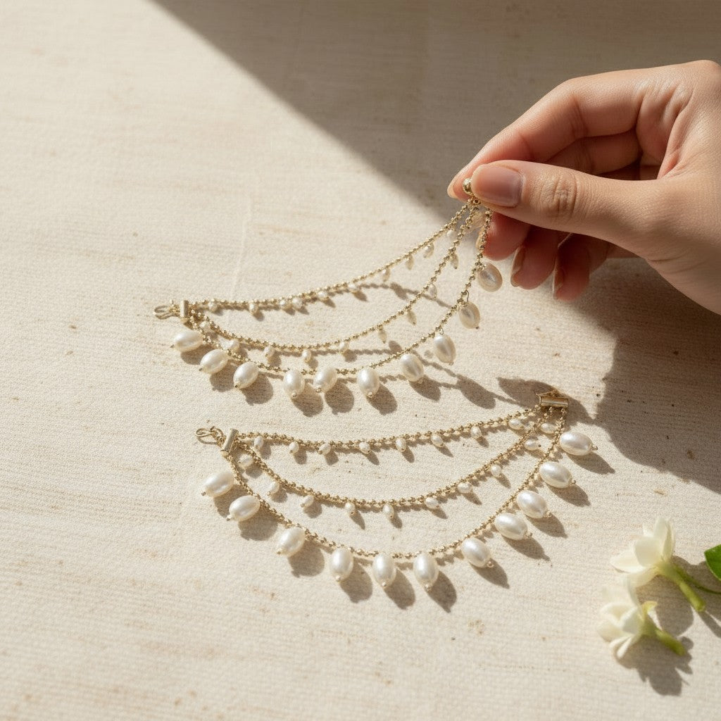 Hand holding a delicate gold and pearl necklace on a beige surface with a soft shadow.