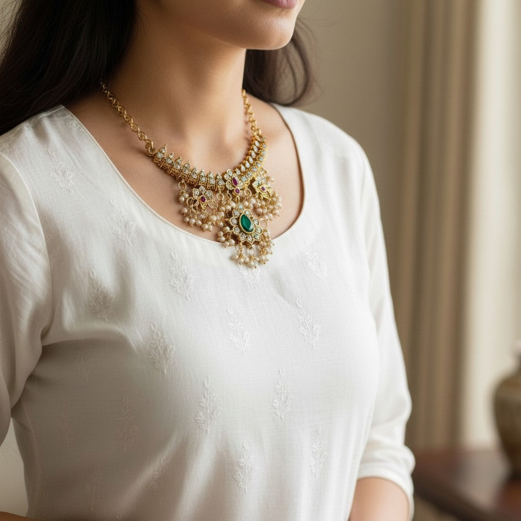 Woman wearing a gold necklace with green gemstone on a blurred background