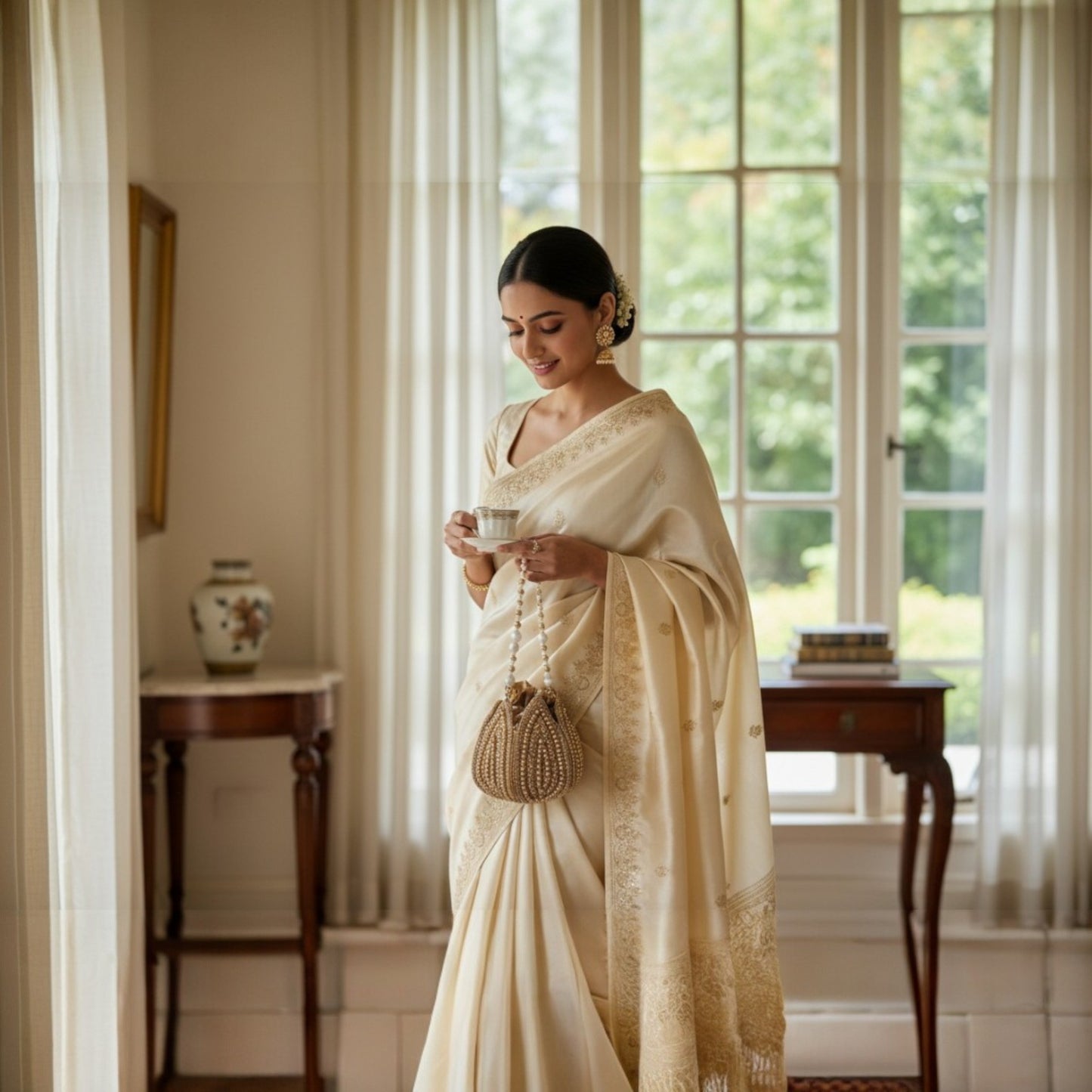 Woman in a white saree holding a cup in a room with large windows and decorative items.