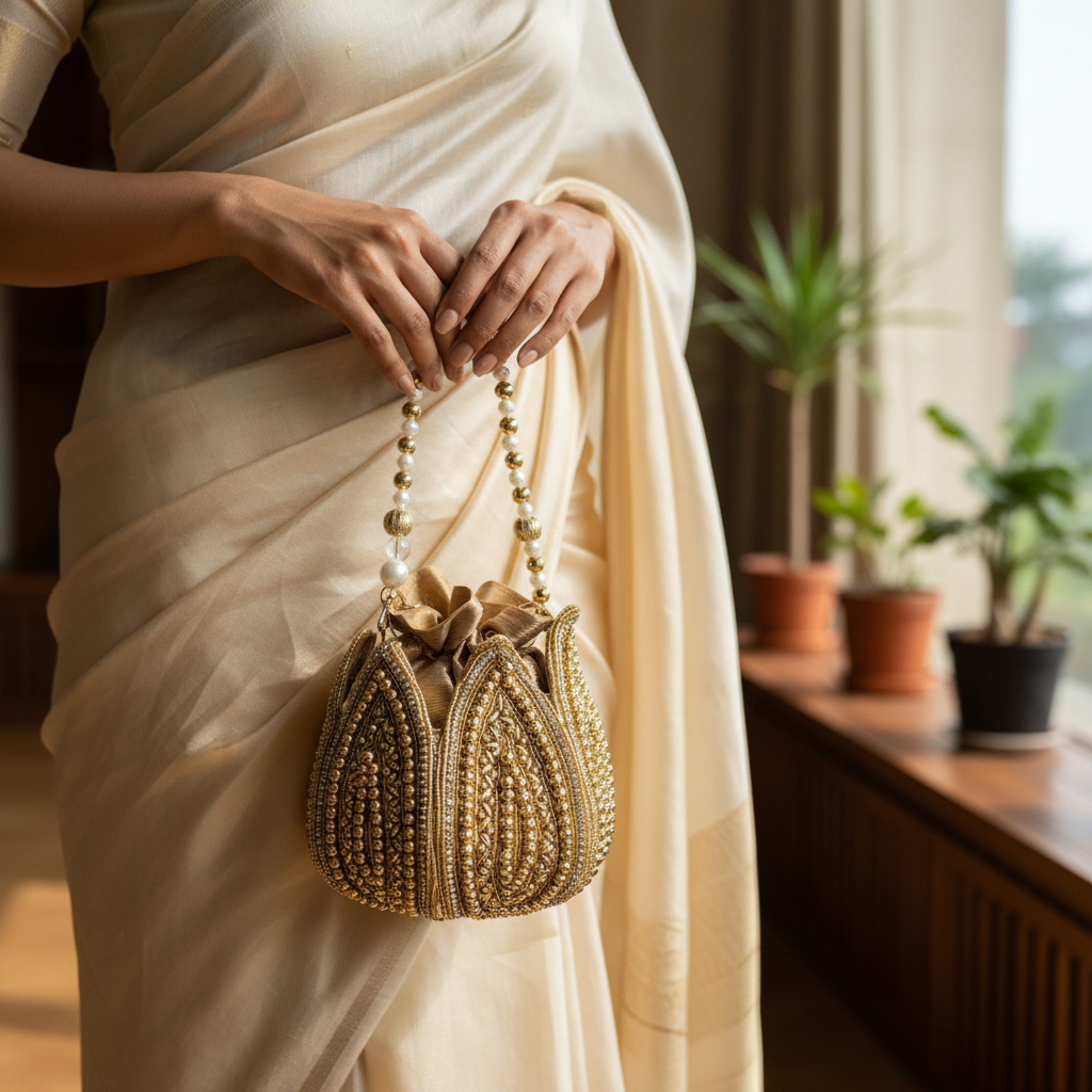 Person holding a beaded handbag with a neutral background