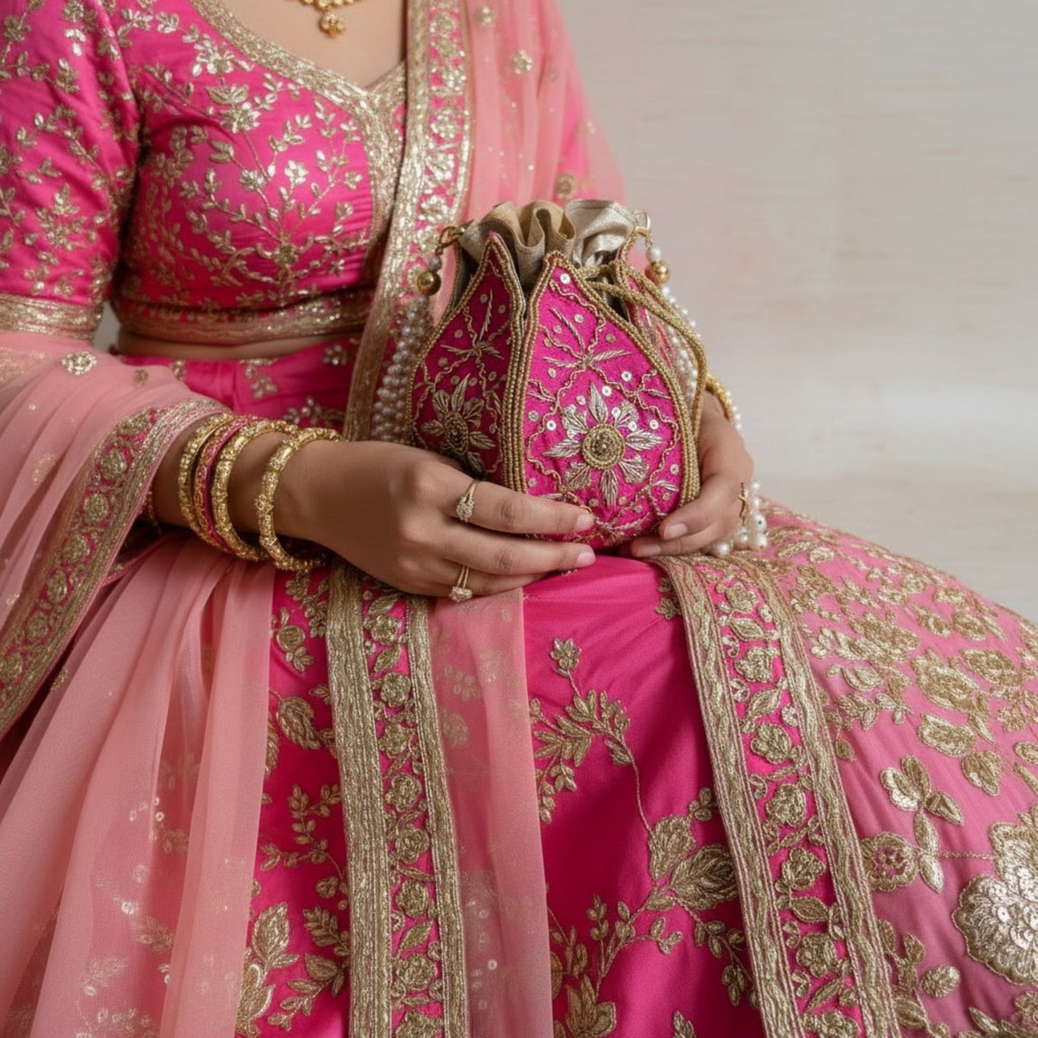 Person wearing a pink traditional outfit with gold embroidery, holding a matching clutch.