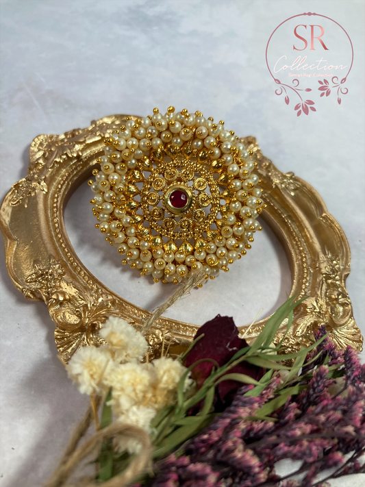 Fatima Gold Plated Pearl And Kundan Ring (ST174) Ruby