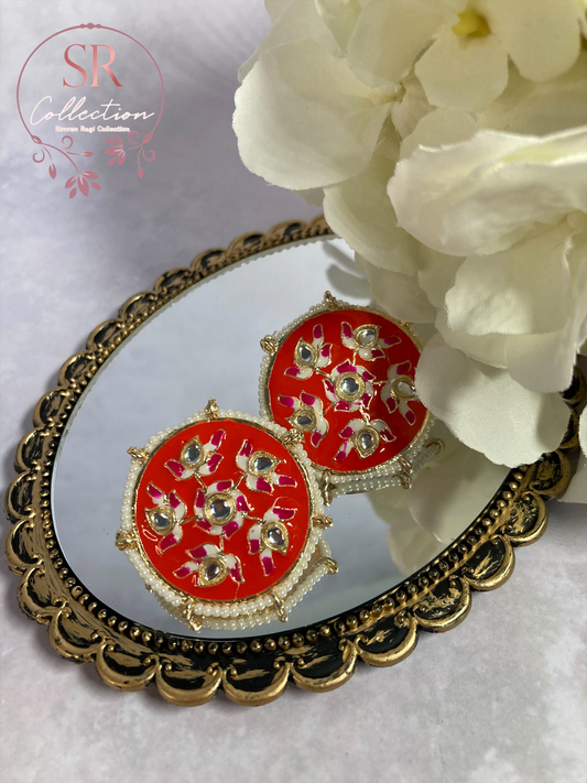 Alara Floral Kundan Stud Earrings (ST154) Light Orange