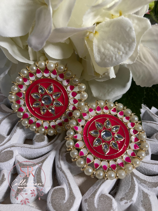 Mahi Oversized Kundan and Pearl Stud Earrings (ST155) Hot Pink