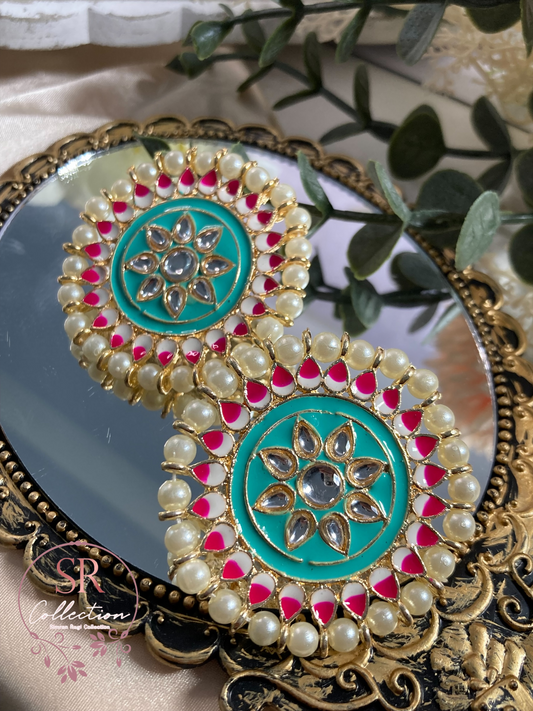 Mahi Oversized Kundan and Pearl Stud Earrings (ST155) Azure Blue
