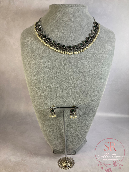 Sabar Oxidised Pearl And Pota Stone Set (ST233) Emerald