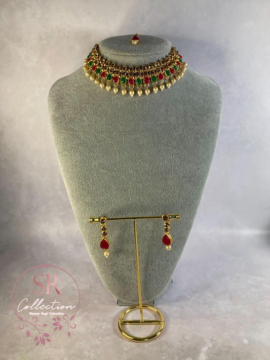 Pooja Gold Plated Kundan Choker Set (ST172) Antique Emerald And Pink