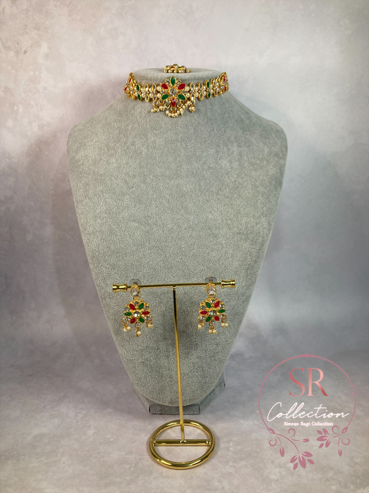 Arohi Gold Plated And Kundan Choker Set (ST170) Silver, Emerald And Pink