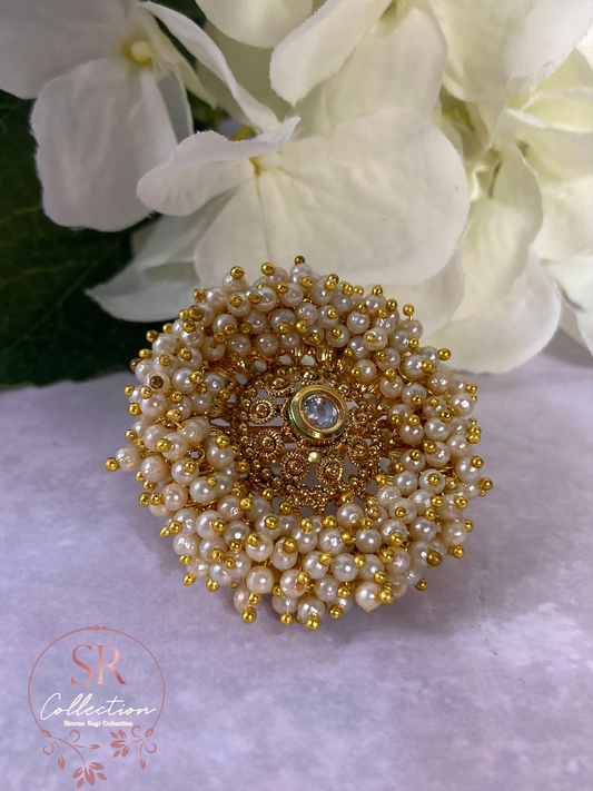 Fatima Gold Plated Pearl And Kundan Ring (ST174) White