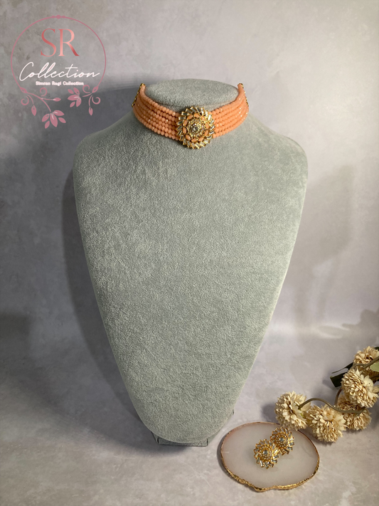 Ameena Kundan Beaded Choker Set (ST162) Peach